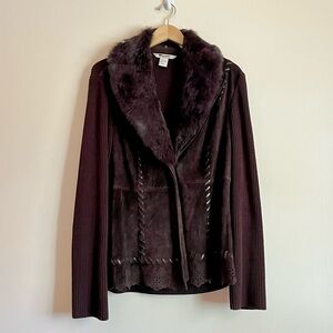 Nygard Collection Genuine Leather Sweater Jacket Rabbit Fur Collar Brown L Cabin